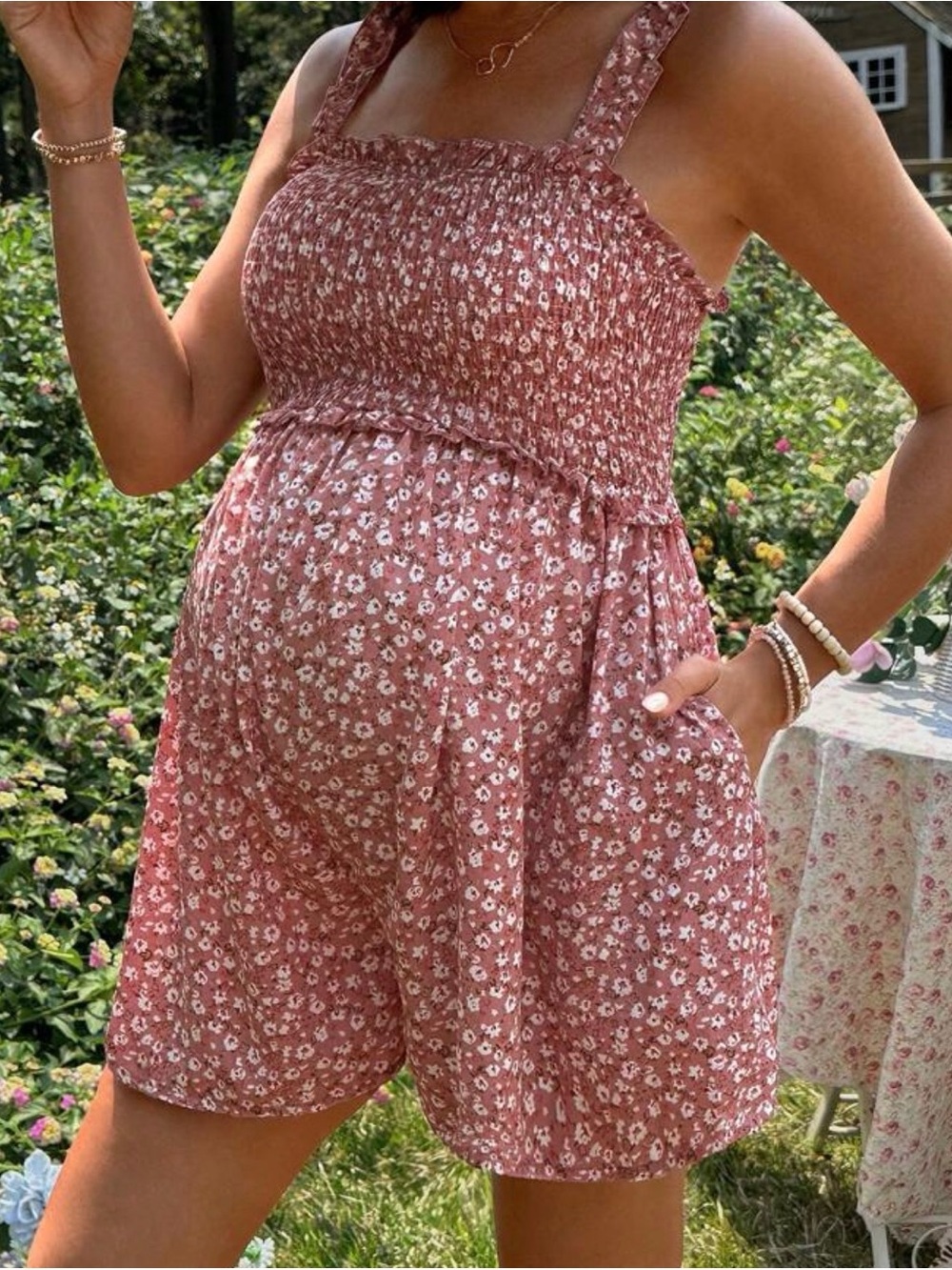 Pink Floral Maternity Frill Trim Camisole Romper With Pockets